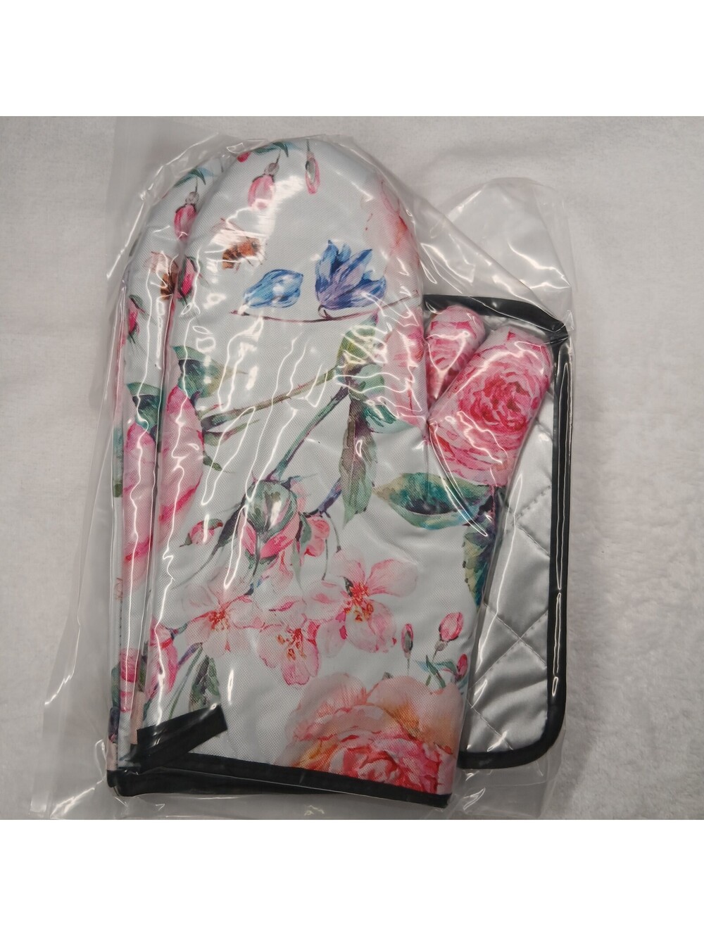 Floral Bee Quilted Oven Mitts Whimsy Pink Peony Kitchen Pot Holders Nwt